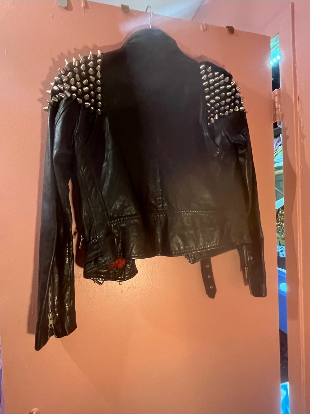 The Ragged Priest Black Leather Studded Moto Jacket with Red Lining - Picture 4 of 5